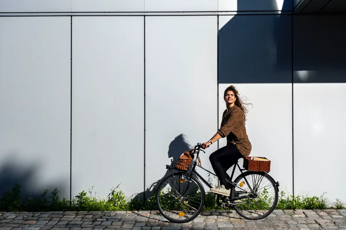 A person rides a step-through city bicycle with baskets on a street.